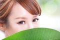 Beautiful woman face portrait with green leaf Royalty Free Stock Photo