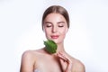 Beautiful woman face portrait with green leaf concept for skin care or organic cosmetics. Studio portrait Royalty Free Stock Photo
