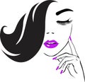 Beautiful woman face, sexy purple lips, eyelash extensions, fashion woman, curly hairstyle