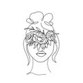 Beautiful woman face silhouette with bun and flowers in line art style. Continuous line vector fashion illustration