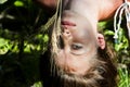 Beautiful woman face with spikelet. closeup female portrait upside down. natural makeup and skincare concept. girl facial care.