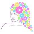 beautiful woman face with spring flowers hair