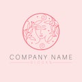 Beautiful woman face, stars and leaves vector logo design. Royalty Free Stock Photo