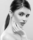 Beautiful woman face studio on white with lips black and white Royalty Free Stock Photo