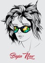 beautiful woman face in sunglasses hand drawn vector sketch