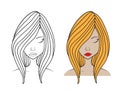 Beautiful woman face vector illustration, girl model, Fashion style, beauty. Graphic, sketch drawing, logo salon, long hair style Royalty Free Stock Photo