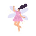 Beautiful Woman Fairy with Wings in Pink Dress Fluttering Around Vector Illustration