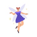 Beautiful Woman Fairy with Wings in Purple Dress Fluttering Around Vector Illustration