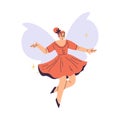 Beautiful Woman Fairy with Wings in Red Dress Fluttering Around Vector Illustration