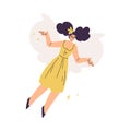 Beautiful Woman Fairy with Wings in Yellow Dress Fluttering Around Vector Illustration