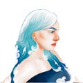 Beautiful woman with a fantastic marine hairstyle. Long blue hair waves. Digital watercolor painting, abstraction. the