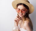 beautiful woman fashion glasses makeup light background Royalty Free Stock Photo
