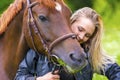 Beautiful woman feeding her arabian horse with grass in the field Royalty Free Stock Photo