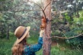Beautiful woman feeding squirrel in forest