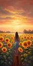 Beautiful woman in the field of sunflowers at sunset. Royalty Free Stock Photo