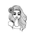 Beautiful woman with flower. Lady doodle simple illustration. Abstract fashion retro stylish girl portrait isolated on Royalty Free Stock Photo