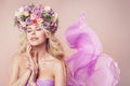 Beautiful Woman Flower Wreath Hat, Dreaming Fashion Models with Roses Flowers in Hairstyle Royalty Free Stock Photo