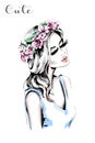 Beautiful woman with flower wreath in her hair. Hand drawn cute girl. Fashion woman. Royalty Free Stock Photo