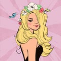 Beautiful woman with flowers and butterfly. Vector fashion comics colorful illustration.