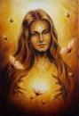 Beautiful woman with flowers emanating golden light - oil painting