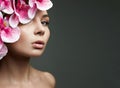 Beautiful Woman with Flowers Hat. Beauty Portrait of Girl with Orchid flower Royalty Free Stock Photo