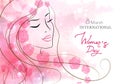 Beautiful woman with flowers. Watercolor pink background. Mother s day, 8 march, beauty, style .