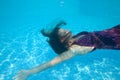 Beautiful woman girl dress underwater diving swim blue sunny day pool Royalty Free Stock Photo