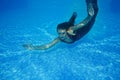 Beautiful woman girl dress underwater diving swim blue sunny day pool Royalty Free Stock Photo