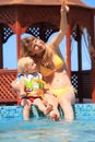 Beautiful woman with girl sitting on ledge pool Royalty Free Stock Photo