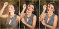 Beautiful woman in gray posing in autumnal park holding a ripe grapes bunch. Young brunette woman eating grapes outdoor in autumn.