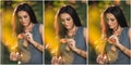 Beautiful woman in gray posing in autumnal park. Young brunette woman holding a leaf and spending time in autumn Royalty Free Stock Photo