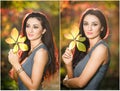 Beautiful woman in gray posing in autumnal park. Young brunette woman holding a leaf and spending time in autumn Royalty Free Stock Photo