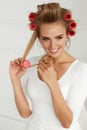 Beautiful Woman With Hair Curlers, Hair Rollers On Healthy Curly Royalty Free Stock Photo