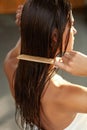 Beautiful Woman Hairbrushing Her Long Wet Hair. Hair Care Royalty Free Stock Photo