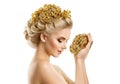 Beautiful Woman Hairstyle Gold Crown, Fashion Girl Holding Golden Jewelry Perfume on White Royalty Free Stock Photo