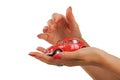 beautiful woman hand holding a red nostalgic toy car Royalty Free Stock Photo