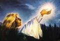 Beautiful woman with hands holding light in nocturnal landscape, computer graphic from painting.