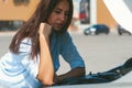 Beautiful woman has problem with the car Royalty Free Stock Photo