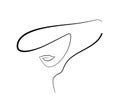 Beautiful woman head with hat, One Continuous Line Drawing. Line female face minimalist wall art. Elegant girl in hat, isolated on Royalty Free Stock Photo