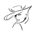 Beautiful woman head with hat, One Continuous Line Drawing. Line female face minimalist wall art. Elegant girl in hat, isolated on Royalty Free Stock Photo