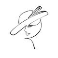 Beautiful woman head with hat, One Continuous Line Drawing. Line female face minimalist wall art. Elegant girl in hat, isolated on Royalty Free Stock Photo