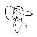 Beautiful woman head with hat, One Continuous Line Drawing. Line female face minimalist wall art. Elegant girl in hat, isolated on Royalty Free Stock Photo