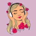 Beautiful woman with headphones and flowers. Vector colorful music lover illustration.