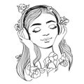 Beautiful woman with headphones and flowers. Vector music illustration.