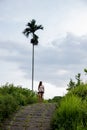 Beautiful woman hiking on famous tiles path surrounded by rice fields and a palm in Bali & x28;Indonesia