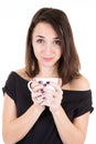 Beautiful woman hold cup of tea coffee in hands in morning