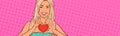 Beautiful Woman Hold Heart Shape Over Comic Pop Art Background Horizontal Banner With Copy Space Valentines Day Concept Royalty Free Stock Photo