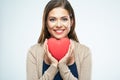 Beautiful woman hold red heart. Valentine day love concept.