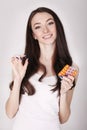 Beautiful Woman Holding Birth Control Pills, Oral Contraceptive Royalty Free Stock Photo