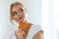 Beautiful Woman Holding Birth Control Pills, Oral Contraceptive Royalty Free Stock Photo